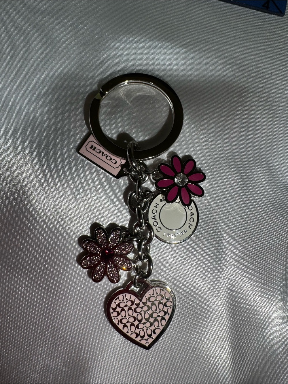 COACH Pink Floral Heart Charm Keyring with Silver Hardware with pen